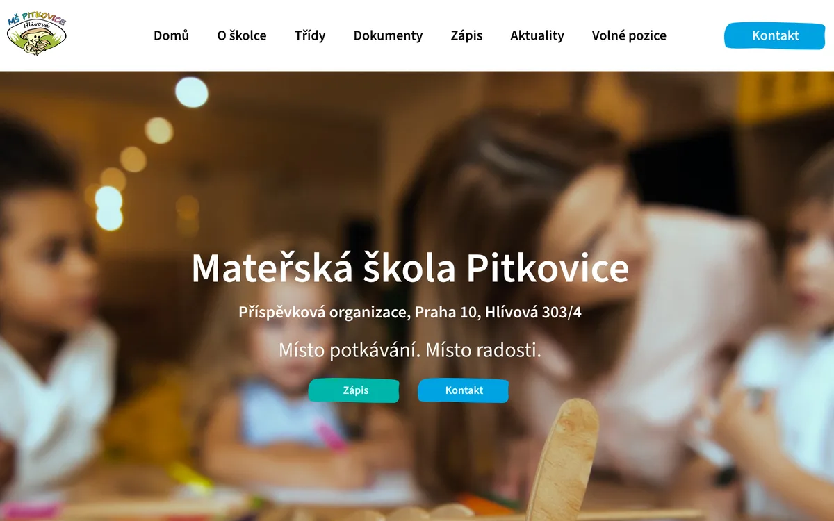 Úvodní část webu Mateřské školy Pitkovice (snímek obrazovky)